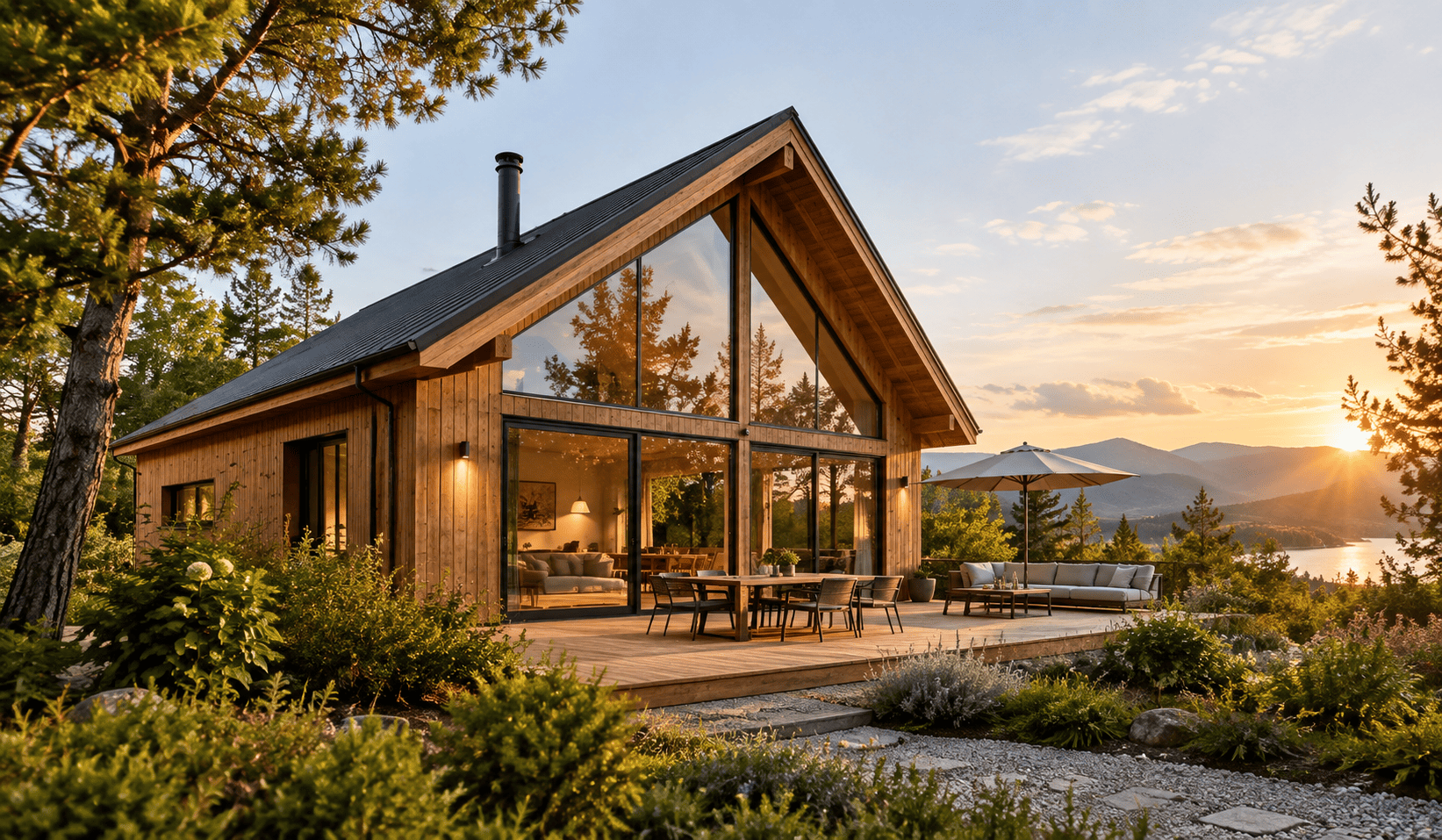 Chalet en bois brut au coucher du soleil